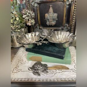 Mud Pie Silver Metal Sea Turtle appetizer serving dish beach coastal table decor